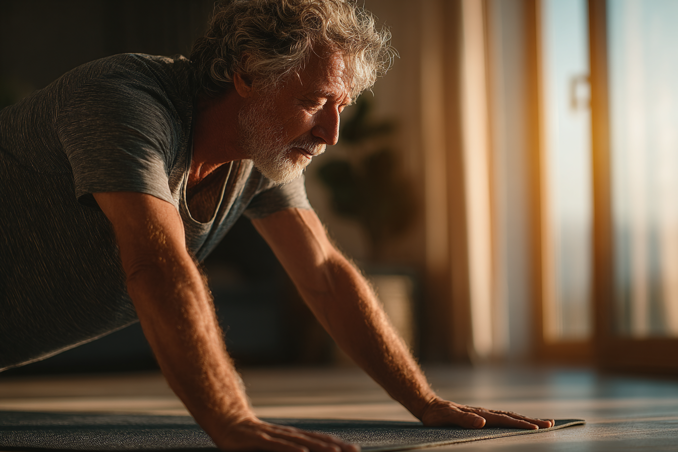 Група старших людей під час заняття йогою на свіжому повітрі